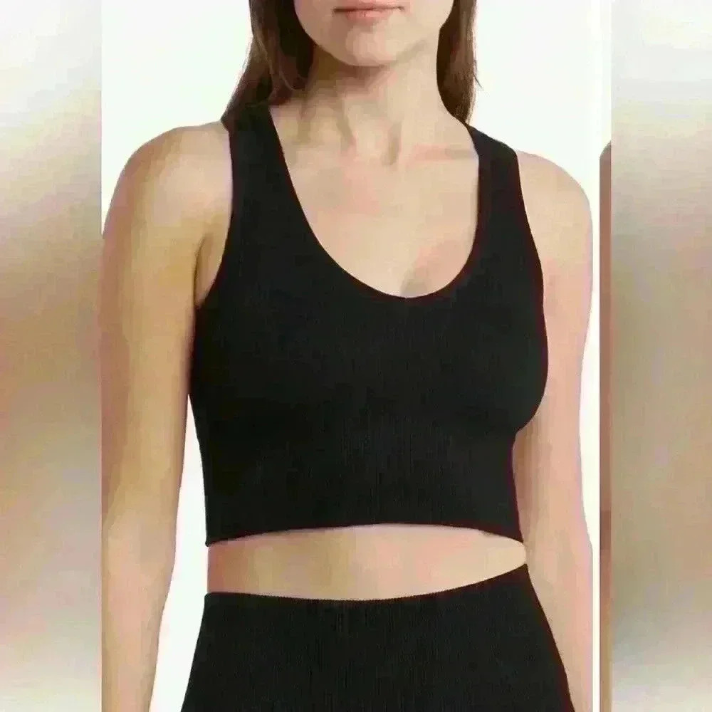 90 Degrees by Reflex Black Cropped Ribbed Ruffle Tank Top OS
